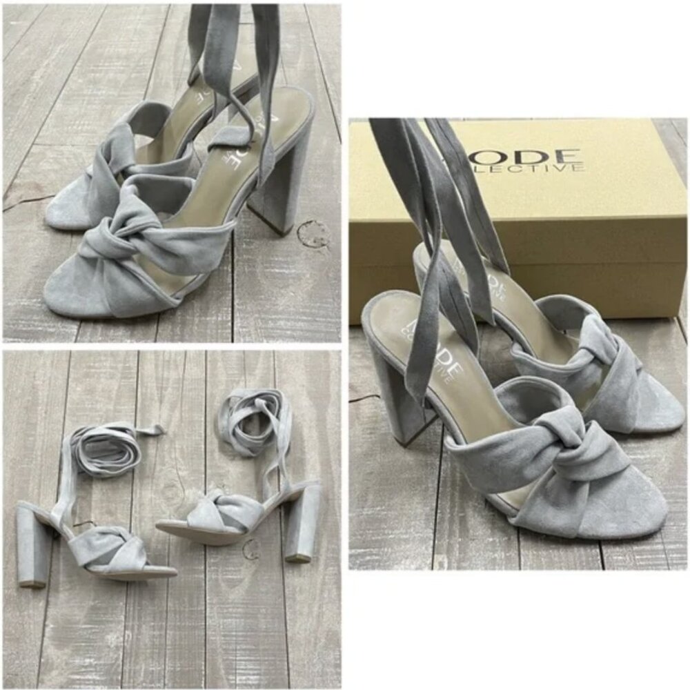 The MODE COLLECTIVE Kimber Sandal Lace Up Suede Heels in Oyster